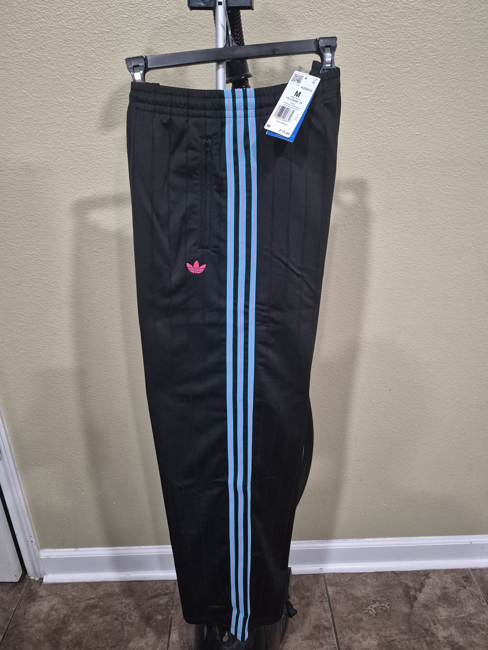 Adidas FB Loose Black Track pants with Blue Side Stripes and Pink Trefoil Size M